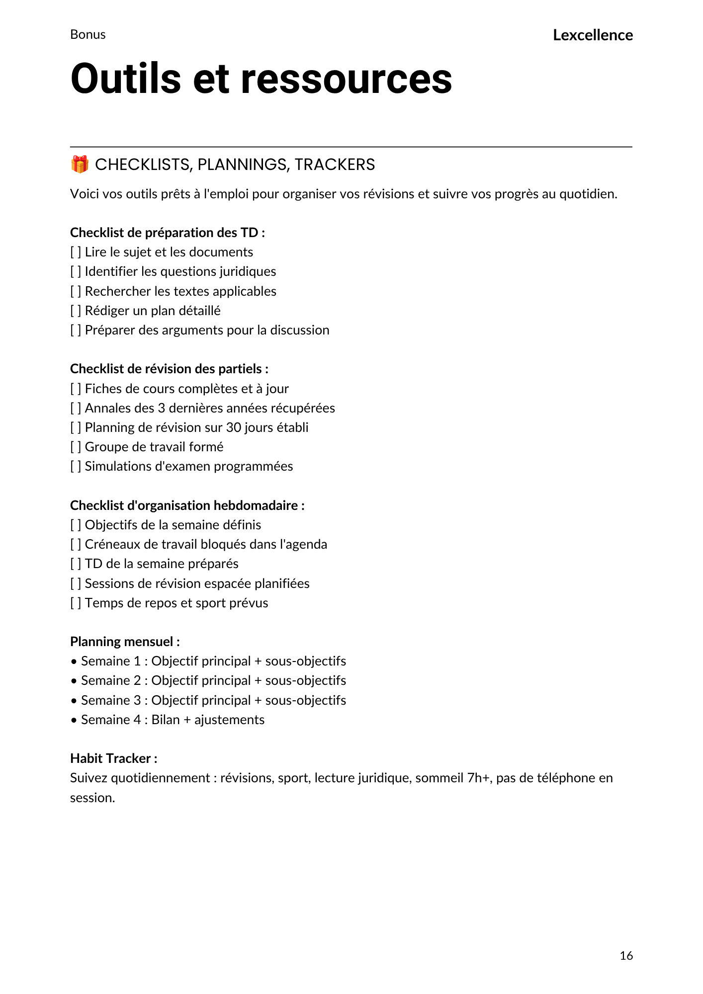 Bonus — Outils et ressources : checklists, plannings, trackers
